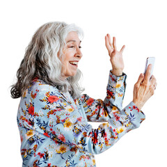 Happy woman waving hello to a smartphone social template