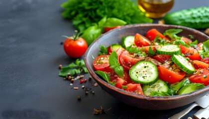 Vibrant vegetable salad featuring tomatoes, cucumbers, olives, and herbs framed by empty space for creative presentation