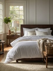 Poster - Bright, sunlit bedroom with a white duvet cover, pillow shams, and a peaceful, inviting atmosphere.