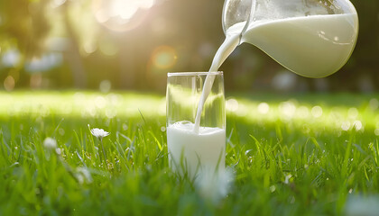 Pouring tasty fresh milk from jug into glass on green grass outdoors, closeup. Space for text