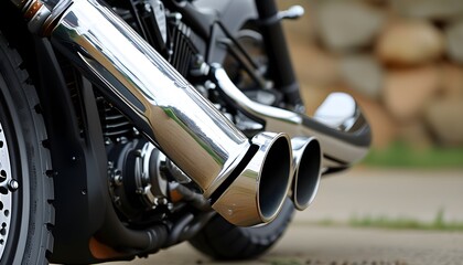 Detailed close-up of motorcycle featuring sleek exhaust pipe design