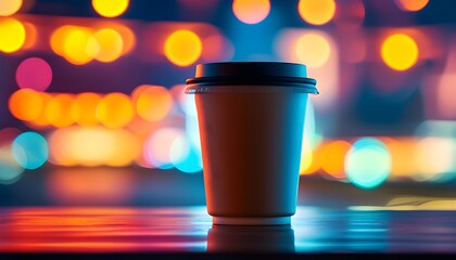 Vibrant neon coffee cup on table with blurred background and colorful lighting, inviting atmosphere and copy space for creative ideas