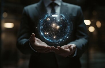 Man Holding Holographic Globe of Digital Connections