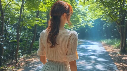 Wall Mural - A model in a light summer knit wandering through a quiet forest, sunlight filtering through the branches above, casting soft shadows on the path and her knit, capturing the peaceful beauty of nature .