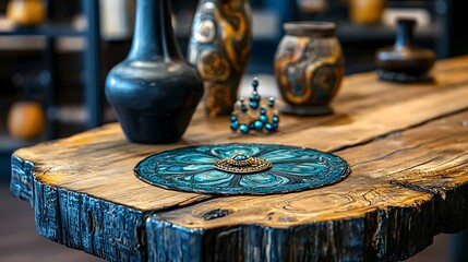 A blue and gold resin tabletop with a wooden base adds a touch of elegance to any space.