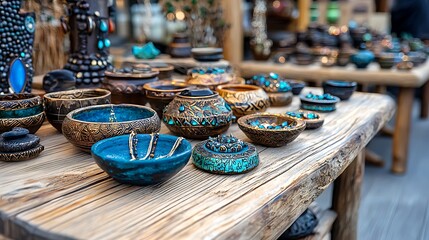 Handmade blue and gold decorative bowls sit on a wooden table, showcasing unique craftsmanship.