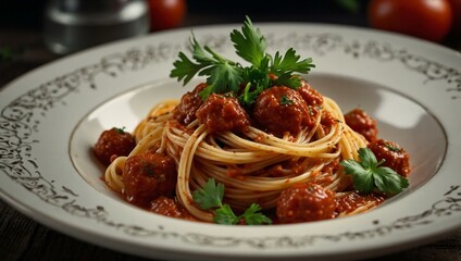 Close-up of spaghetti with rich tomato sauce and fresh parsley, a visual feast.