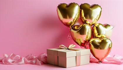 Charming display of gift boxes and golden balloons on a pink backdrop, perfect for love celebrations, weddings, and Valentines Day romance