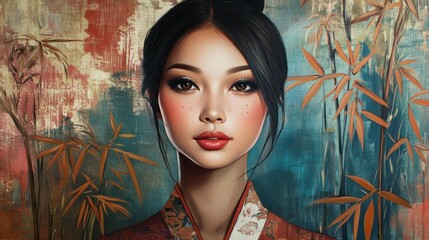 Wall Mural - Portrait of a Woman with Freckles in a Traditional Asian Outfit