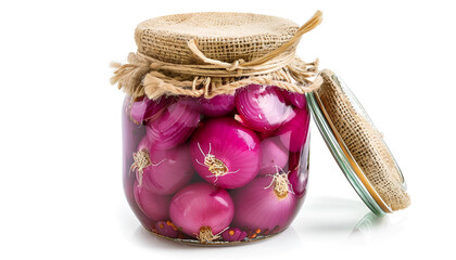 Tasty pickled onion in jar isolated on white