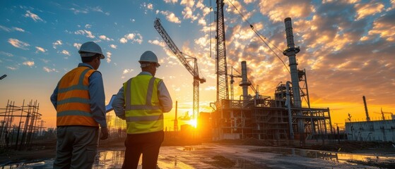 Photo of an Asian engineering team wearing yellow vests and white helmets, discussing a project with a crane at a construction site under a blue sky in the morning. This concept provides copy space fo