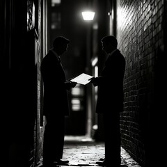 Two silhouettes in a narrow alley at night, engaged in a secretive discussion with documents in hand.