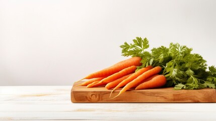 Bunch of fresh carrots with green leaves on wooden board over white background