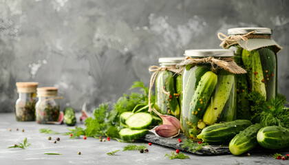 Pickled cucumbers in jars on grey table