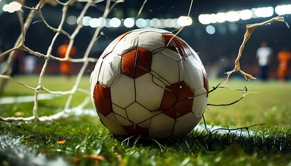 Close-up of a soccer ball nestled in the net during an intense football match in a thrilling tournament atmosphere