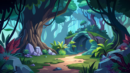 Magic forest landscape and fantasy tree cave view cartoon background. Dark nature environment scene in jungle wood garden with dense plant and vine. Mystery fairytale scenery for wild adventure