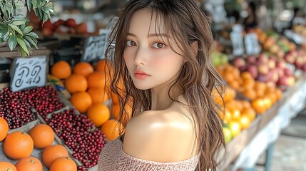 Wall Mural - A model in a summer knit standing in front of a fruit stand, vibrant colors of oranges, apples, and berries surrounding her, her knit contrasting with the lively market,