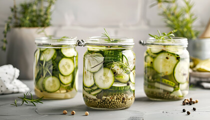 Pickled cucumbers in jars on grey table