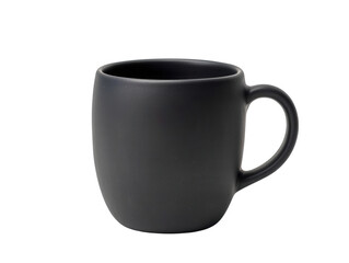 Elegant black ceramic mug with a modern design, perfect for hot beverages, coffee, or tea in a minimalist setting, PNG, transparent, No background.