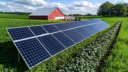 Solar panels in a farm field stand near a red barn, capturing sunlight.