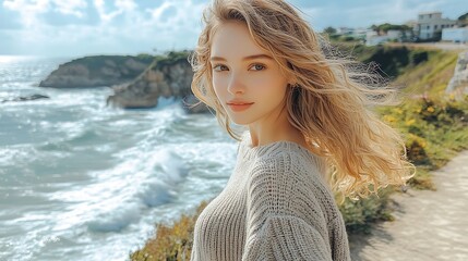 A model walking along a cliffside path, wearing a summer knit, ocean waves crashing below, soft sunlight illuminating her knit, capturing the freedom of summer by the coast .