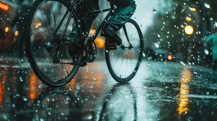 Poster - A cyclist rides through rain on a reflective street, capturing a moment of urban leisure.