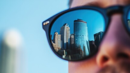 Sticker - A close-up of a person's face with sunglasses reflecting city skyscrapers.