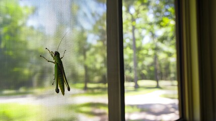 Green Grasshopper on Window Screen