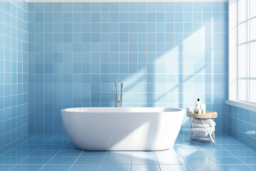 A serene bathroom retreat with blue tiles and a stylish soaking tub beside a sunlit window