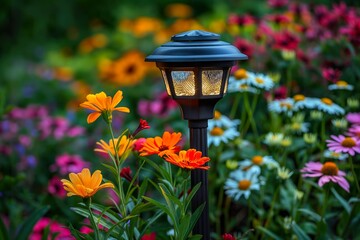 A solar garden light illuminates vibrant flowers in a colorful garden during twilight