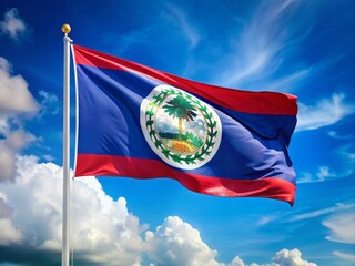 Vibrant blue, white, and red flag of Belize waves gently in the breeze, symbolizing national pride and freedom