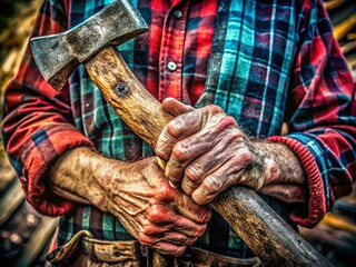 Vibrant close-up of a traditional Spanish calloused hand holding a worn hatchet, showcasing weathered skin and