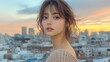 © ThuyTrang - Model standing on a city rooftop, wearing a soft summer knit, the skyline glowing in the evening light, her knit gently flowing in the breeze,