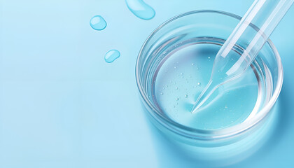 Glass pipette and petri dish with liquid on light blue background, closeup