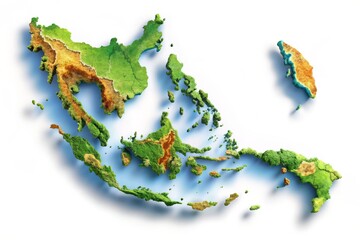 Vibrant colored map of Indonesia with detailed geographical features, islands, and borders, isolated on a white