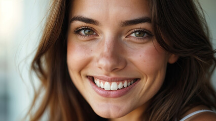 Wall Mural - closeup photo portrait of young beautiful gorgeous smiling women brunette hair