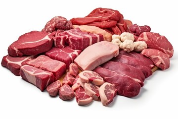 Assorted cuts of fresh meat displayed on a wooden board for culinary preparation and recipes