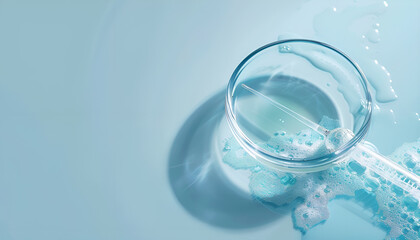 Glass pipette and petri dish with liquid on light blue background, closeup