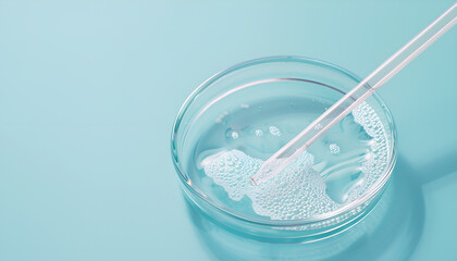 Wall Mural - Glass pipette and petri dish with liquid on light blue background, closeup