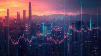 Wall Mural - holographic financial data overlay on modern cityscape market growth concept