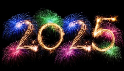 Sparkler 2025 text colorful firework illumination on dark blue sky background, happy new year 2025 concept