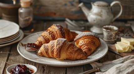 Freshly baked croissants on a plate with a rustic wooden background.  Perfect for breakfast or a morning snack.