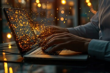 Wall Mural - man typing on laptop with network connection visual