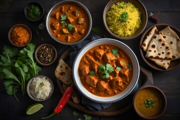 Indian food concept on dark background. Generative AI.