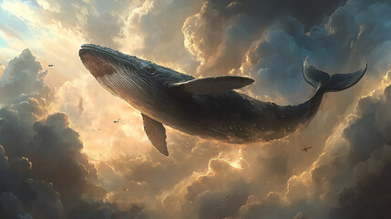 Artistic Style Painting of A Whale Swimming in the Sky Whale Flying in the Sky Aspect 16:9