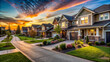 © PuriStudio - A picturesque street view of new construction neighborhood showcases modern homes under vibrant sunset sky. scene evokes sense of tranquility and community