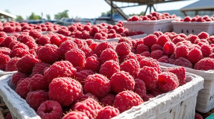 A display of fresh, market-ready raspberries (Rubus idaeus), perfect for a summer treat