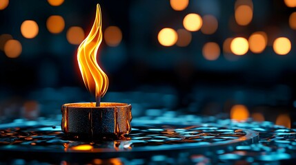 Wall Mural - Burning Candle on Reflective Surface with Warm Glow