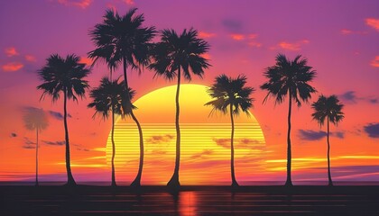 Wall Mural - Vibrant palm trees silhouetted against a sunset sky in retrofuturistic aesthetics, capturing the essence of summer vacation and synthwave vibes