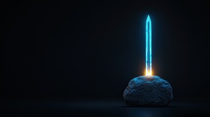 Glowing Blue Sword Stuck in a Magic Stone with a Dark Background